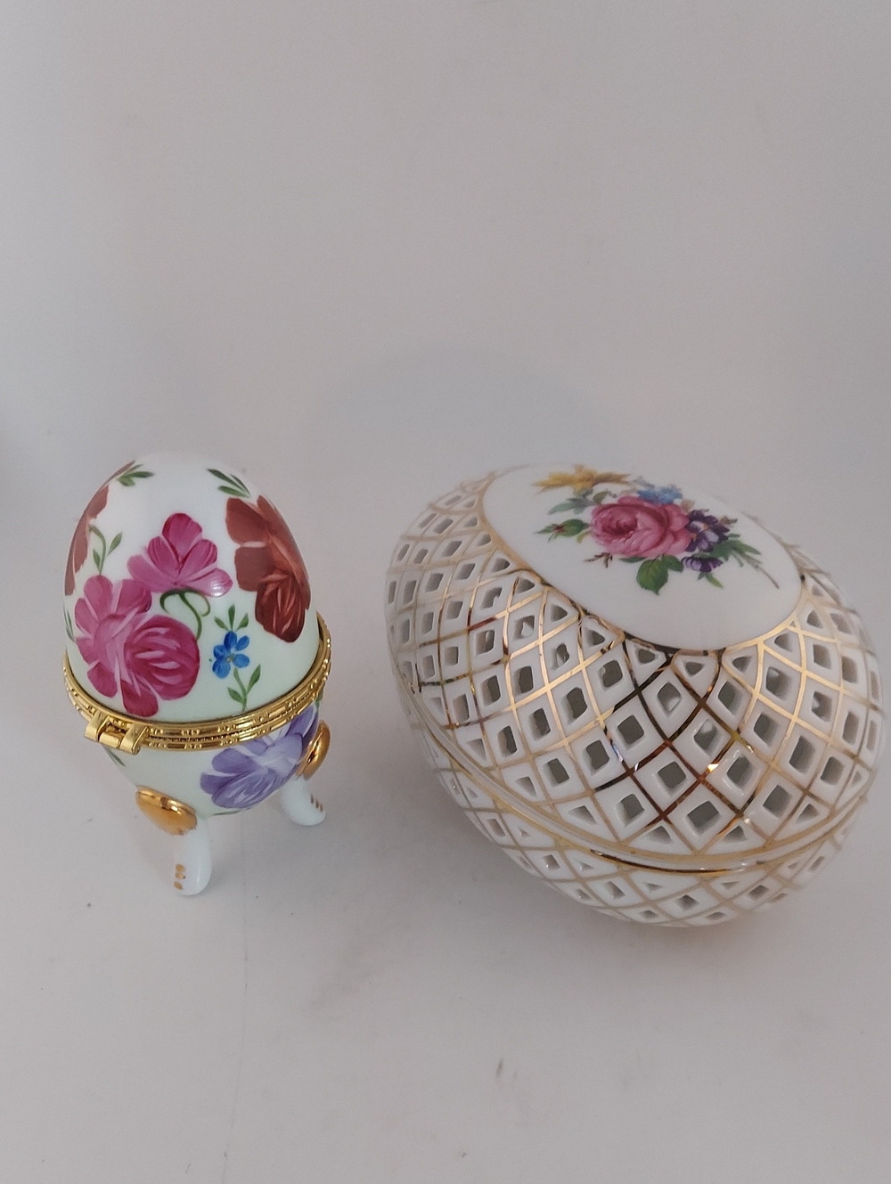 Vintage White Porcelain Floral Egg Trinket with Pink and Purple Flowers